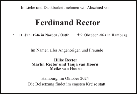 Traueranzeige von Ferdinand Rector     von Hamburger Abendblatt